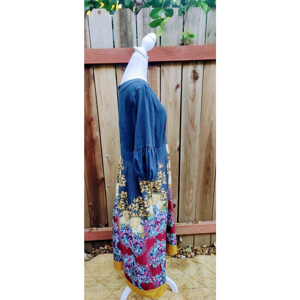 eShakti Boho Floral Dress Neck Midi Puff Sleeve Fit Flare Bell Sleeves Pockets - Picture 4 of 4